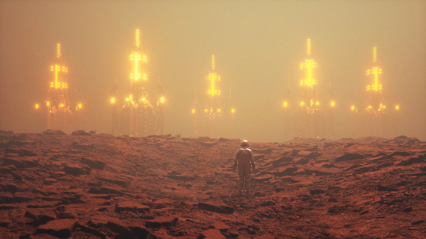 Eine Kolonie auf dem Mars im Sandsturm, davor eine Person im Raumanzug