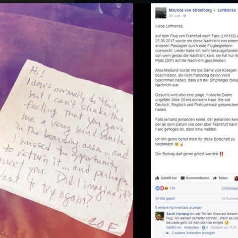 Lufthansa soll helfen: Mauricé von Strömborg sucht die Schreiberin dieses Liebesbriefes. Via Facebook sucht er jetzt Menschen, die bei der Suche helfen können-