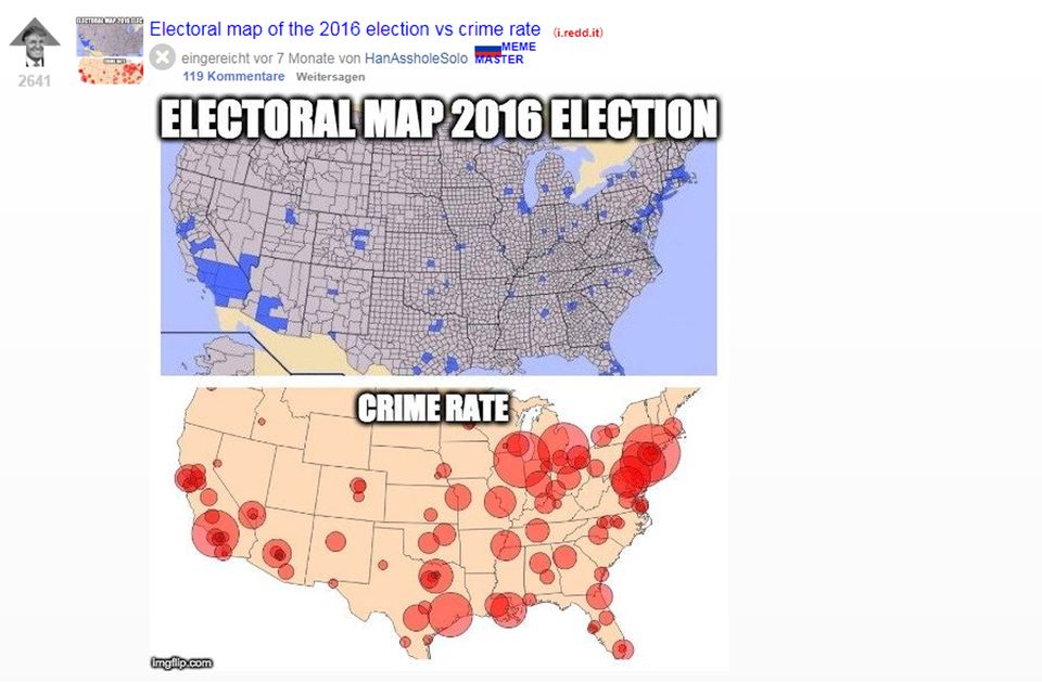 Prügel-Tweet: Grafik zur US-Wahl 2016, in der die Regionen, die demokratisch gewählt haben, mit den Verbrechenshochburgen des Landes gleichgesetzt werden Grafik zur US-Wahl 2016, in der die Regionen, die demokratisch gewählt haben, mit den Verbrechenshochburgen des Landes gleichgesetzt werden