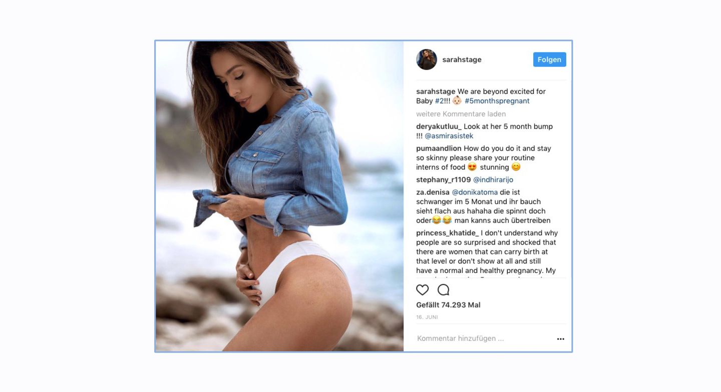 Fitnessmodel Sarah Stage ist im sechsten Monat schwanger