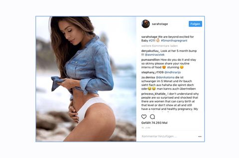 Fitnessmodel Sarah Stage ist im sechsten Monat schwanger