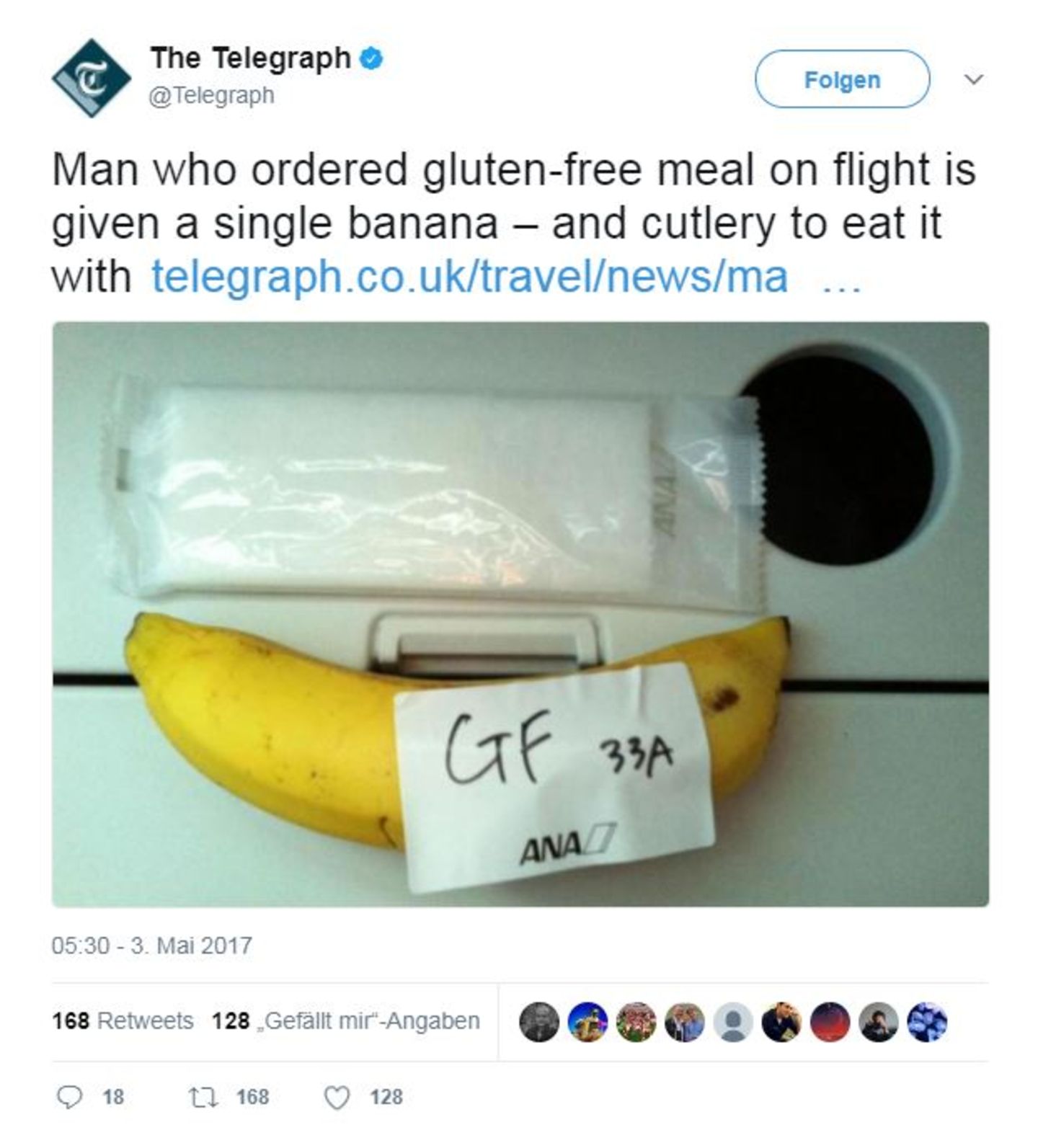 Flugzeugessen: Glutenfreies Frühstück gefällig? Die japanische Airline All Nippon versteht darunter: Banane mit Messer, Gabel und Salz. Glutenfreies Frühstück gefällig? Die japanische Airline All Nippon versteht darunter: Banane mit Messer, Gabel und Salz.