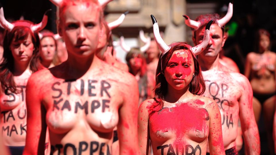 Peta-Aktivisten protestieren nackt gegen die jährliche Stierhatz in Pamplona
