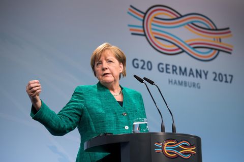 Bundeskanzlerin Angela Merkel bei ihrer Abschlussrede zum G20-Gipfel in Hamburg
