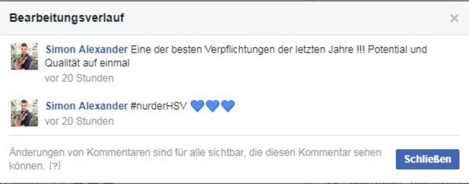 Der Bearbeitungsverlauf zeigt den ursprünglichen Kommentar und die neue Version mit #nurderHSV