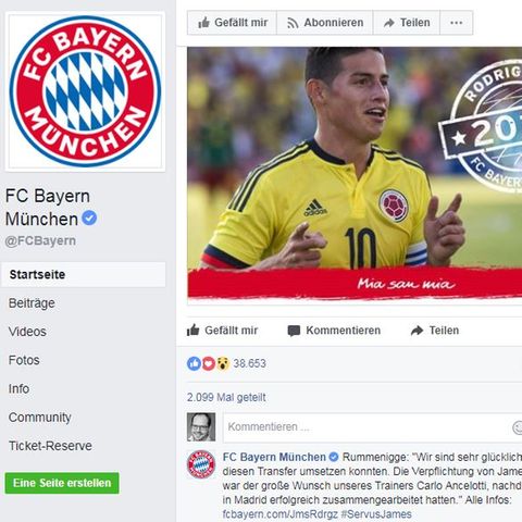 Ein Scrrenshot zeigt die Facebook-Seite des FC Bayern München mit der Verkündung des Transfers von James Rodríguez