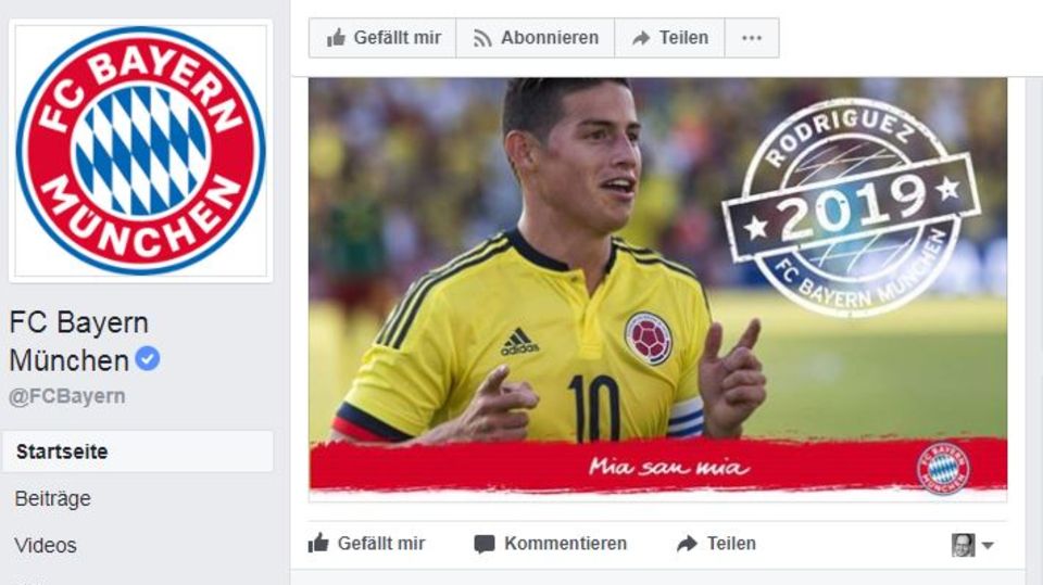 Ein Scrrenshot zeigt die Facebook-Seite des FC Bayern München mit der Verkündung des Transfers von James Rodríguez
