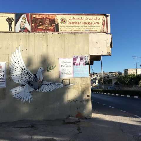 Eine weiße Friedenstaube mit kugelsicherer Weste und Zweig im Schnabel ist als Grafito auf einer Hauswand zu sehen