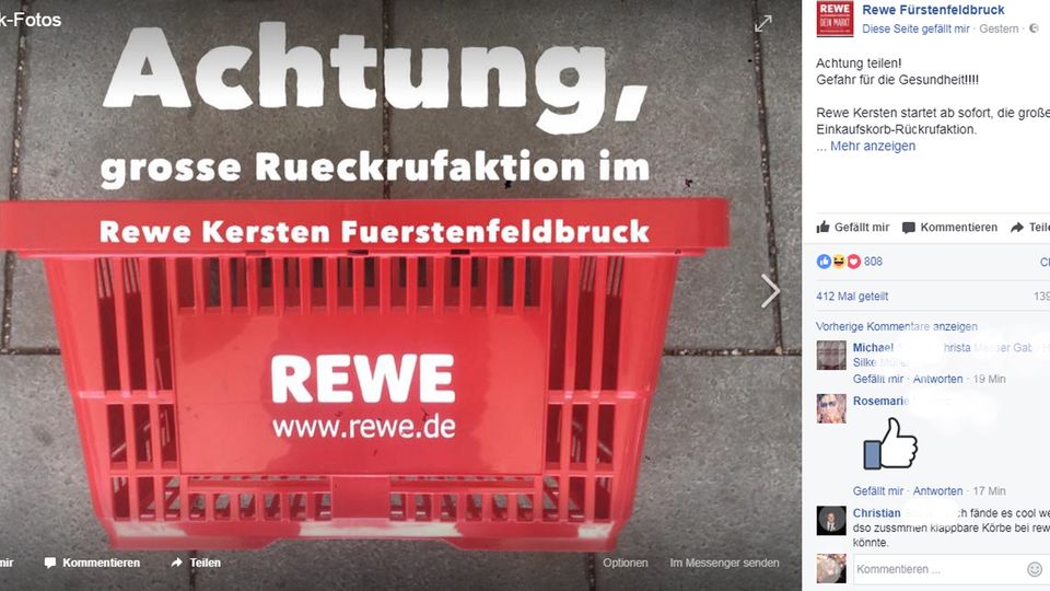 Gerichtsprozess endet mit Vergleich: Mit einer "Rückrufaktion" bittet der Rewe Fürstenfeldbruck auf Facebook um seine Einkaufskörbchen. Mit einer "Rückrufaktion" bittet der Rewe Fürstenfeldbruck auf Facebook um seine Einkaufskörbchen.
