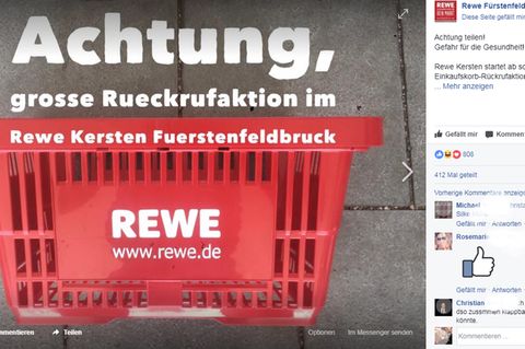 Mit einer "Rückrufaktion" bittet der Rewe Fürstenfeldbruck auf Facebook um seine Einkaufskörbchen.