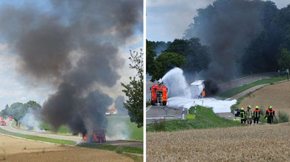 Die Feuerwehr hatte zunächst Schwierigkeiten, den brennenden Laster zu löschen