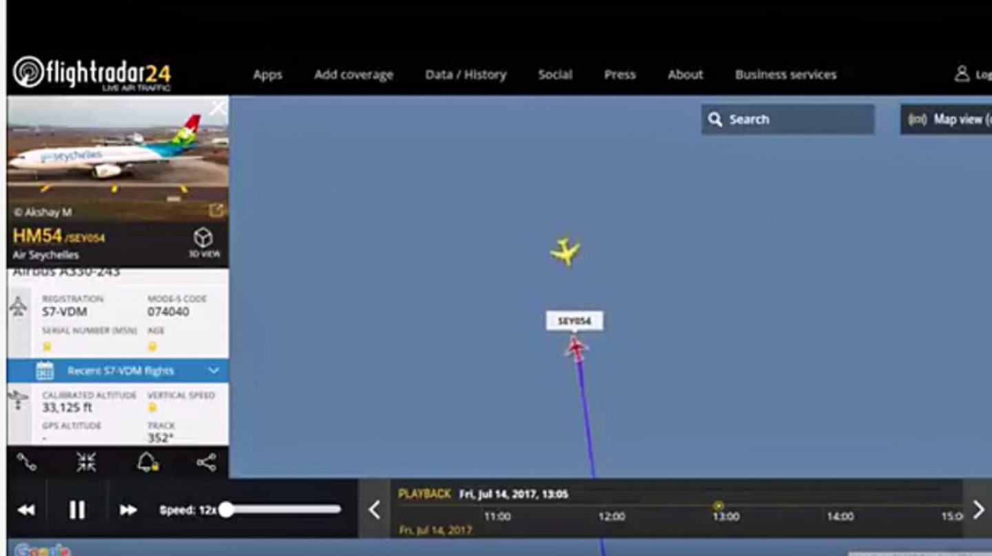 Am 14. Juli rasten zwei Flugzeuge nördlich von Mauritius aufeinander zu: Der Airbus A380 von Emirates kam aus den Norden, von Süden ein Airbus A330 von Air Seychelles. 