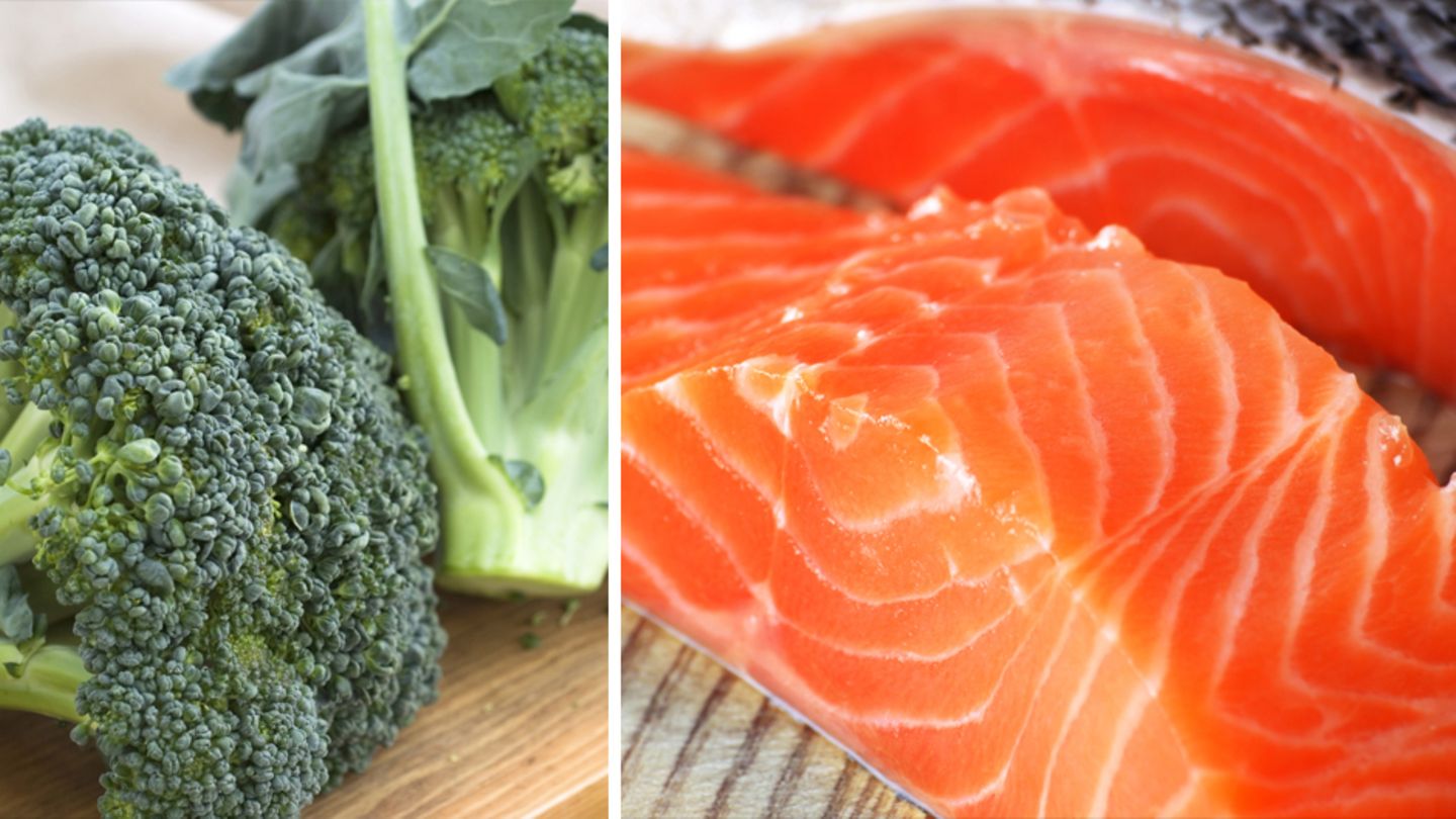 Wer viel frisches Gemüse isst, fühlt sich zufriedener. Lachs enthält wertvolle Omega-3-Fettsäuren.