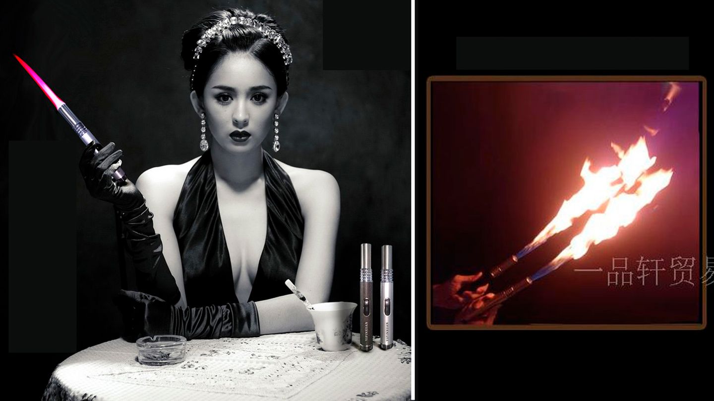 Werbebilder des chinesischen Flamenwerfers zeigen eine Dame im Abendkleid mit der Waffe
