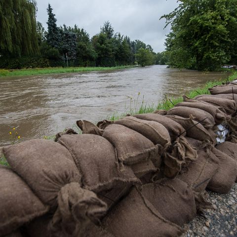 Regenflut in Deutschland: Sandsäcke bilden Barriere entlang der Innerste in Hildesheim