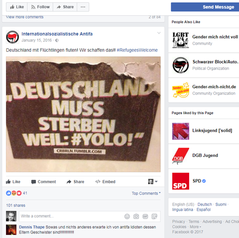 Die Facebook-Seite "Internationalsozialistische Antifa"