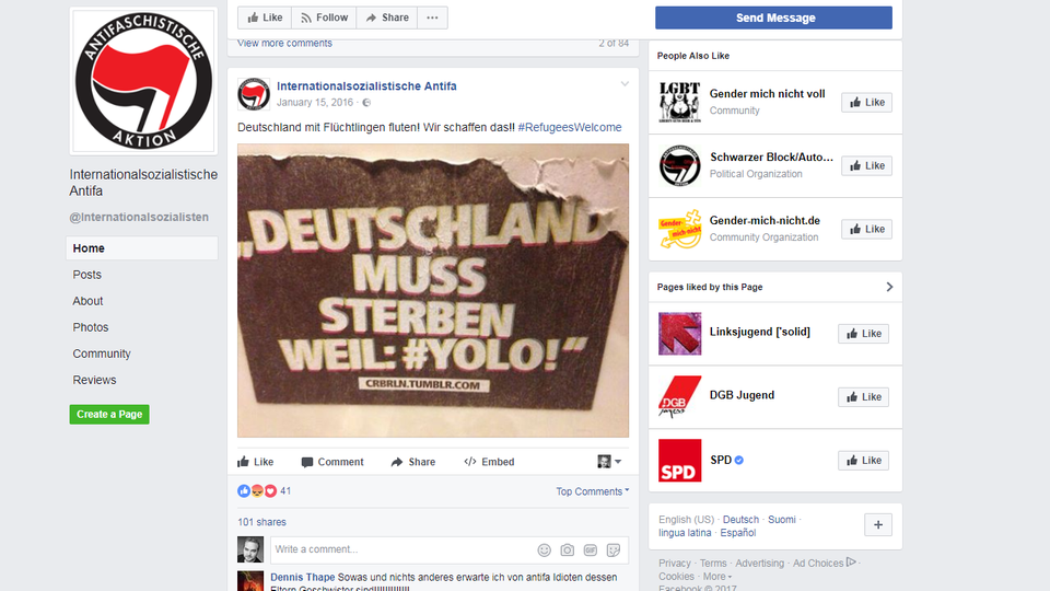 Die Facebook-Seite "Internationalsozialistische Antifa"