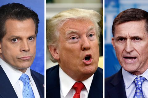 Nur zwei von mehreren Spitzenleuten, die US-Präsident Donald Trump (M.) in den ersten Monaten seiner Amtszeit gefeuert hat: Anthony Scaramucci (l.) und Michael Flynn (r.)