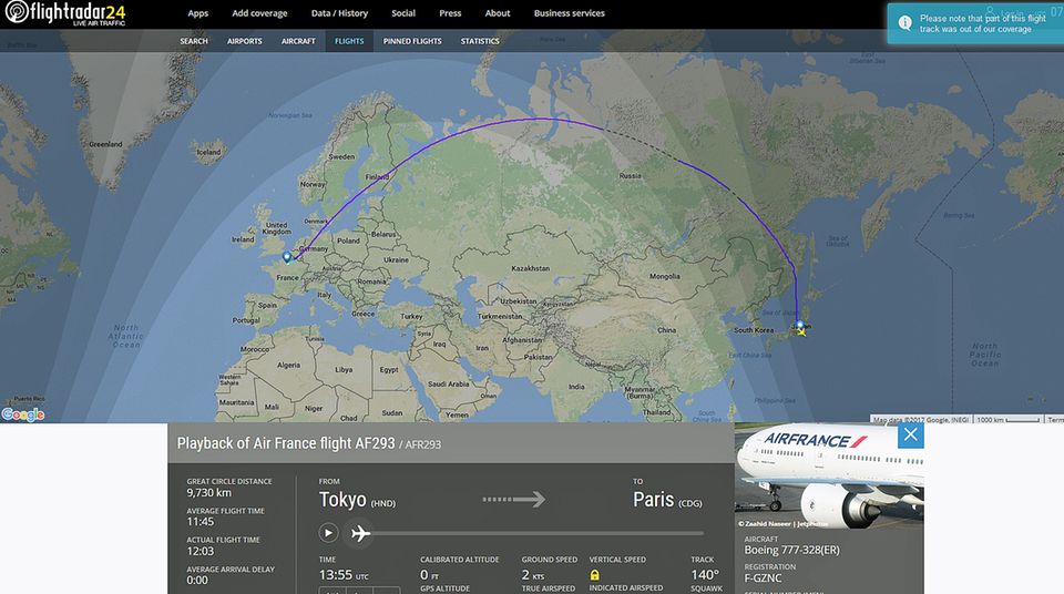 Flightradar Air France AF293 Ein Screenshot zeigt die Flugroute von Air France Flug AF 293