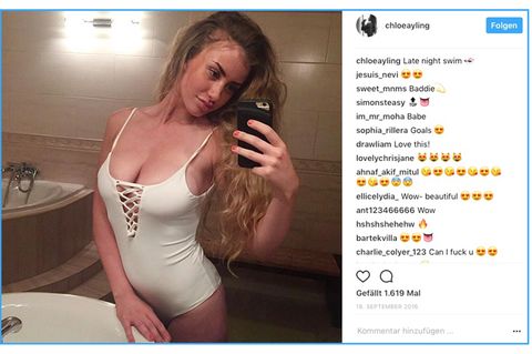 Auf ihrem Instagram-Account zeigt Model Chloe Ayling ein Selfe von sich im Bad. Sie trägt einen weißen Badeanzug