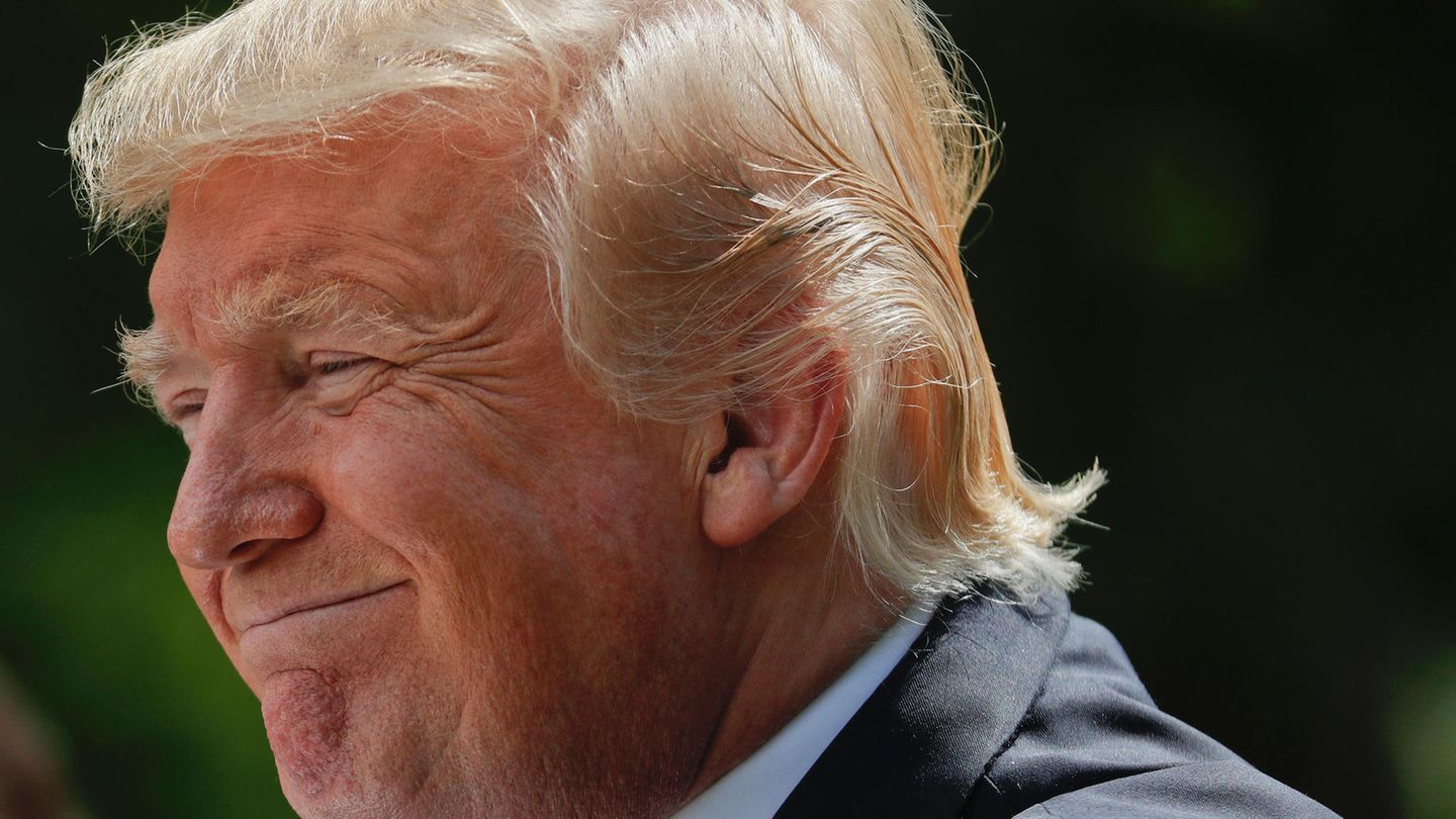 US-Präsident Donald Trump steht im Freien und lächelt zufrieden