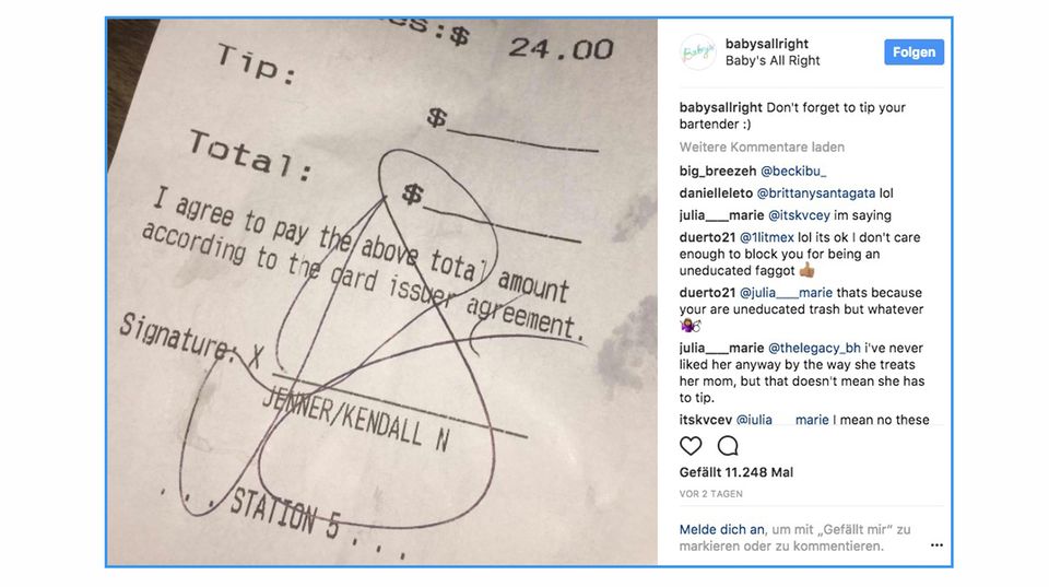 Rechnung von Kendall Jenner Die Bar postete die Rechnung von Kendall Jenner auf Instgram