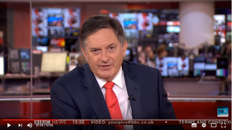 BBC-Nachrichtenmoderator Simon McCoy berichtet über surfende Hunde – und is not amused