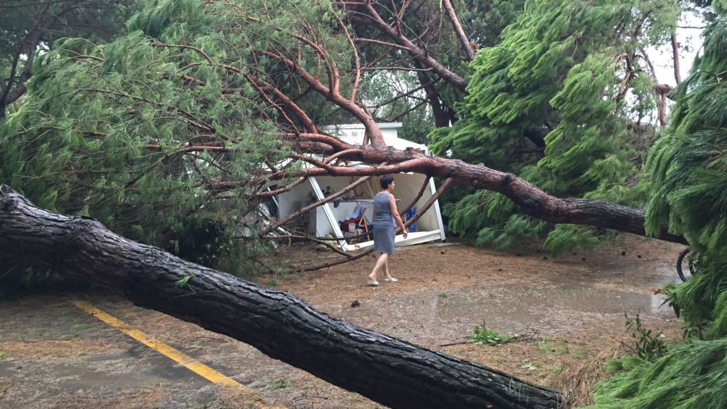 Unwetter in Italien: Eine Frau geht auf einem Campingplatz in Cavallino bei Venedig an umgestürzten Bäumen vorbei