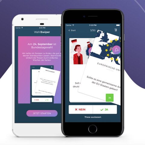"Wahl-O-Mat"-Alternative: Die App "WahlSwiper" auf zwei Smartphone-Bildschirmen