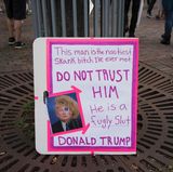 Viele Demonstranten kamen zur Gegendemo mit selbstgebauten Transparente und Schildern, die sich vor allem gegen Rassismus und gegen Präsident Donald Trump richteten.