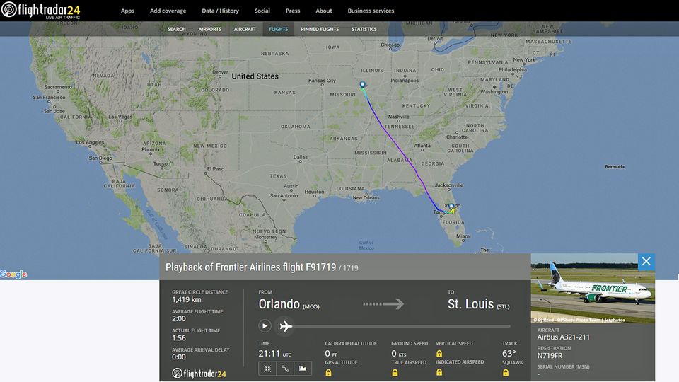 Die Flug von Orlando in Florida nach St. Louis US-Bundesstaat Missouri dauert gut zwei Stunden. 