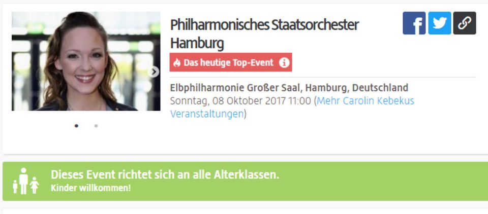 250 Euro je Karte: Laut Viagogo tritt Carolin Kebekus am 8. Oktober mit dem Philharmonischen Staatsorchester in der Elbphilharmonie auf. Stimmt aber nicht. Laut Viagogo tritt Carolin Kebekus am 8. Oktober mit dem Philharmonischen Staatsorchester in der Elbphilharmonie auf. Stimmt aber nicht.