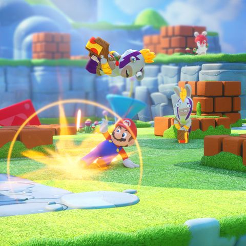 Mario rutscht in Mario & Rabbids Kingdom Battle unter einem Hasen durch