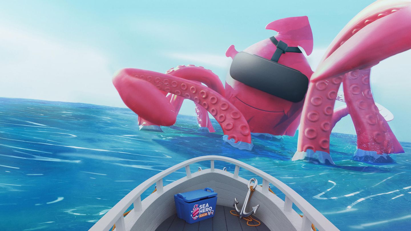 Ein grünes Sumpf-Monster im VR-Spiel Sea Hero Quest wird mit einem Hot Dog beschossen