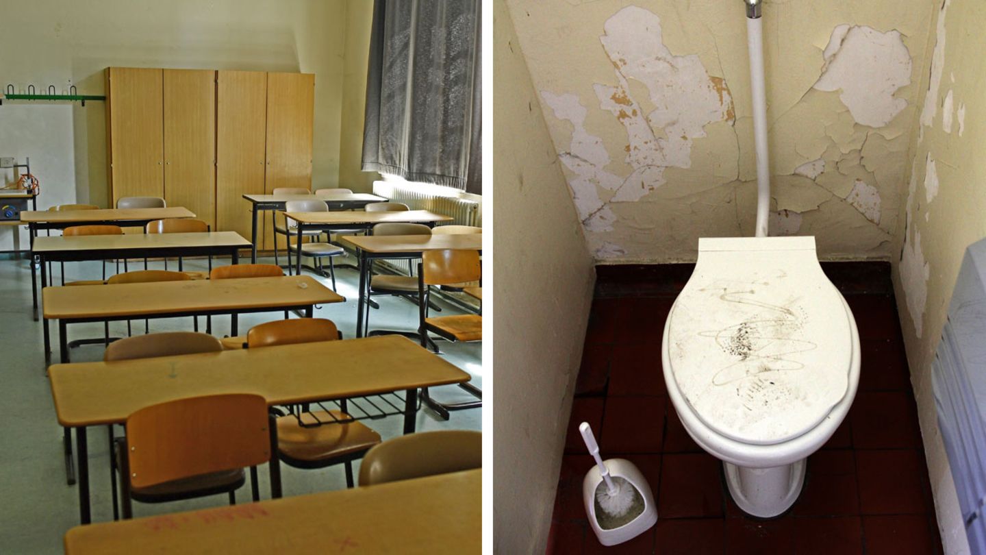 Ein Klassenzimmer und eine veraltete Schultoilette