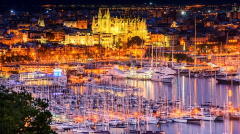 Yachten im Hafen von Palma de Mallorca mit der angestrahlten Kathedrale