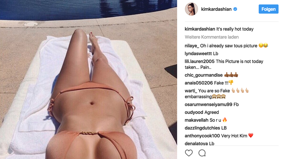 Auf Instagram hat Kim Kardashian ein Foto gepostet, auf dem sie im Bikini auf einem weißen Handtuch an einem Pool liegt