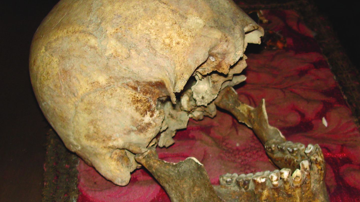 Auf einem roten Tuch liegt ein alter Schädel. Der Unterkiefer ist aufgeklappt, dem Schädel fehlen die Augenhöhlen