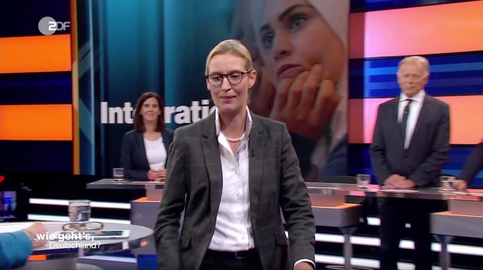 Alice Weidels Abgang aus der ZDF-Talkrunde "Wie geht's, Deutschland?" Ihren nächsten Auftritt in dem Sender sagte die AfD-Spitzenkandidatin ab. Alice Weidels Abgang aus der Talkrunde "Wie geht's, Deutschland?"