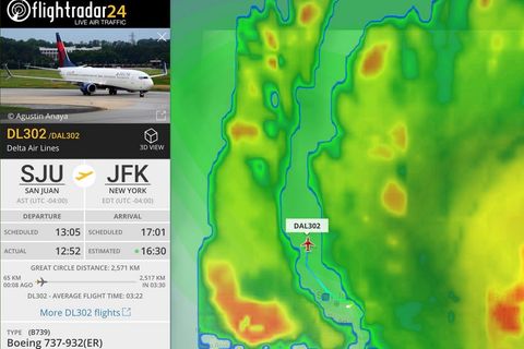 Satellitenbilder von Flightradar 24 zeigen wie die Delta-Maschine sich zwischen den Ausläufern des Hurrikans "Irma" bewegt