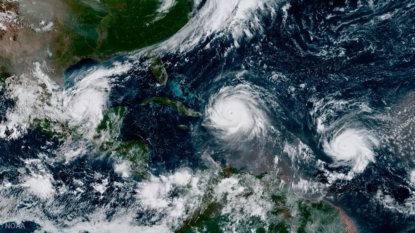Stürme in der Karibik: Das Satellitenbild zeigt das Zentrum von Hurrikan "Irma" nördlich der Insel Hispaniola. Links ist Hurrikan "Katia" im Golf von Mexiko und rechts Hurrikan "Jose" auf dem Atlantischen Ozean zu sehen. Das Satellitenbild zeigt das Zentrum von Hurrikan "Irma" nördlich der Insel Hispaniola. Links ist Hurrikan "Katia" im Golf von Mexiko und rechts Hurrikan "Jose" auf dem Atlantischen Ozean zu sehen.