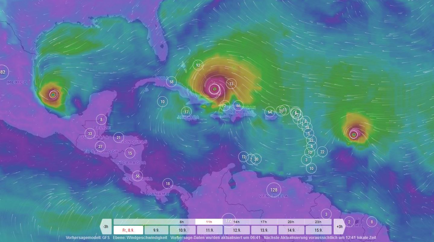 Das Satellitenbild des Wetterdienstes Windfinder zeigt die Positionen der drei Hurrikans am Mittag des 8. September.
