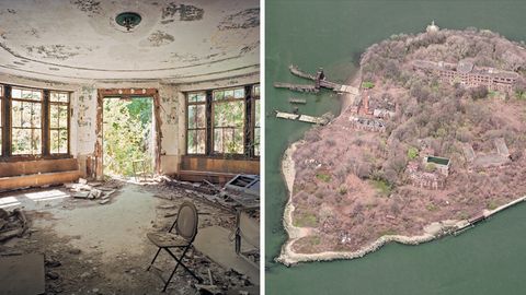 Collage aus einer verlassenen Wohnung und der North Brother Island von oben.