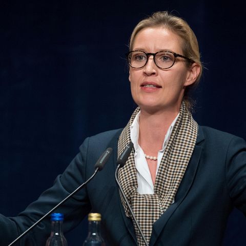 Alice Weidel von der AfD steht an einem Rednerpult mit zwei Mikros und gestikuliert mit beiden Händen