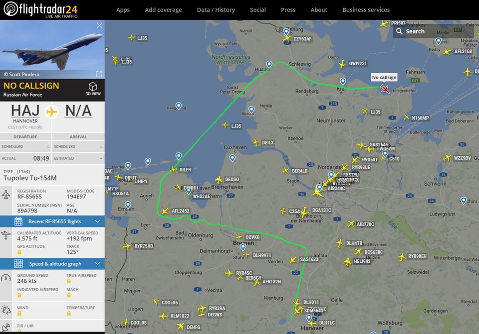 Geheimnisvolle Mission: Die Flugroute der russischen Tupolev Tu-154 am 14. September 2017 über Norddeutschland Die Flugroute der russischen Tupolev Tu-154 am 14. September 2017 über Norddeutschland