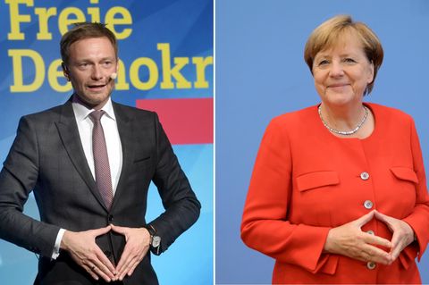 Christian Lindner und Angela Merkel zeigen die Merkel-Raute - Schwarz-Gelb hat die besten Chancen bei der Bundestagswahl