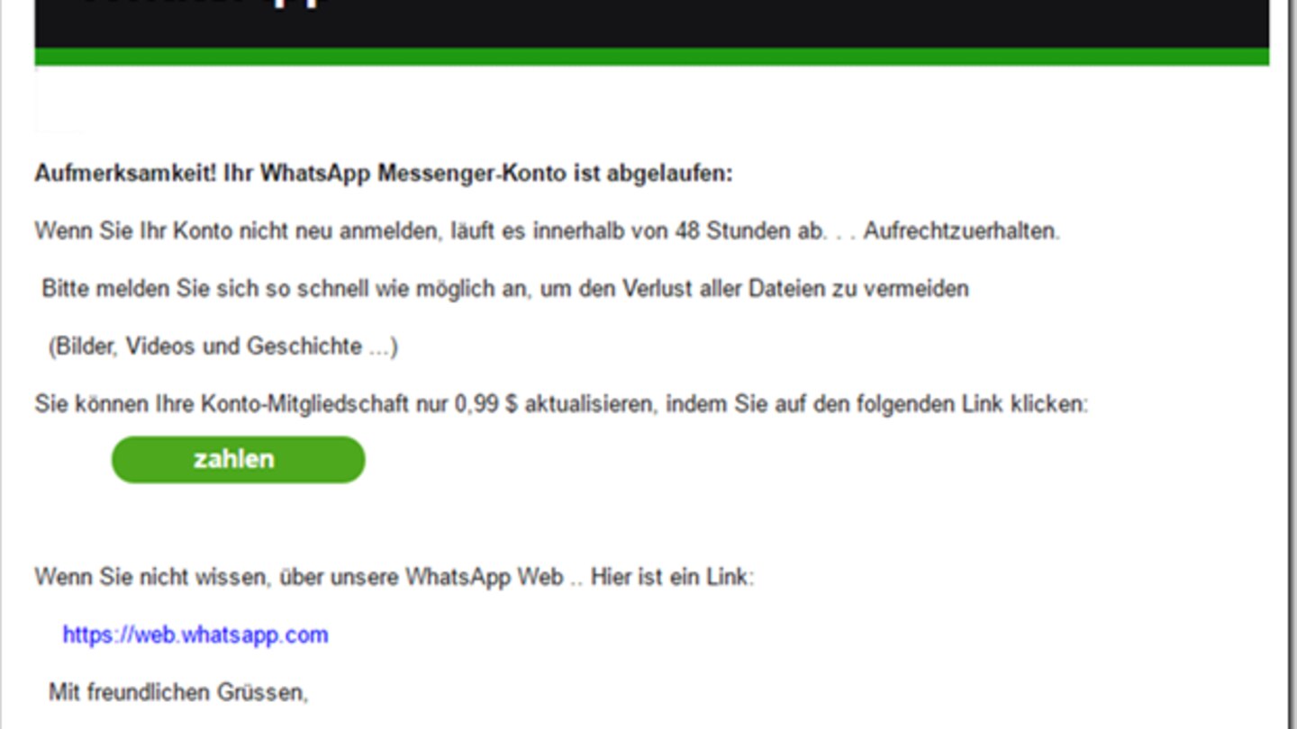 Abzock-Mail fordert Whatsapp-Verlängerung