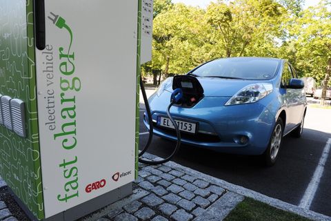 Ein Auto steht an einer Ladestation und ist zum Laden der Batterien angeschlossen