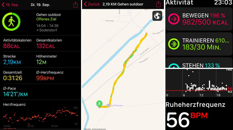 Die Apple Watch sammelt im Workout (hier: Gehen Outdoor) viele Daten, etwa die Zahl der Schritte, die zurückgelegte Distanz und die überwundenen Höhenmeter. Zudem werden die Ruheherzfrequenz und die durchschnittliche Herzfrequenz angezeigt. Auf einer Karte kann man auf Wunsch die Route nachvollziehen.