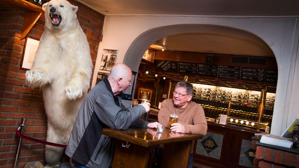 Linienschiffe der Hurtigruten: Im Bierkeller in Tromsø erinnert ein Eisbär daran, dass es draußen auch gefährlich werden kann Im Bierkeller in Tromsø erinnert ein Eisbär daran, dass es draußen auch gefährlich werden kann